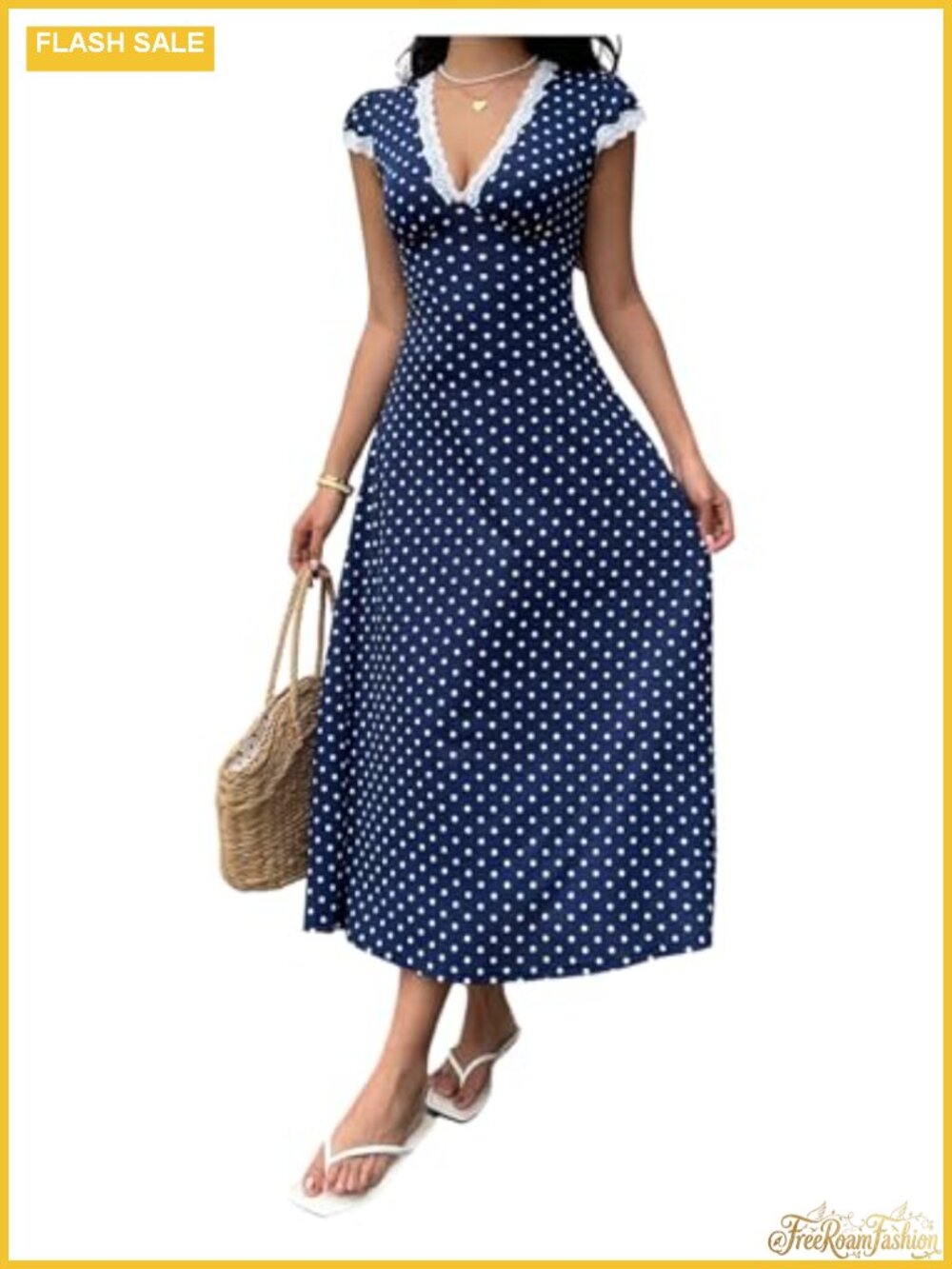 Women's Polka Dot Lace Trim V Neck Short Sleeve Long Maxi Dress